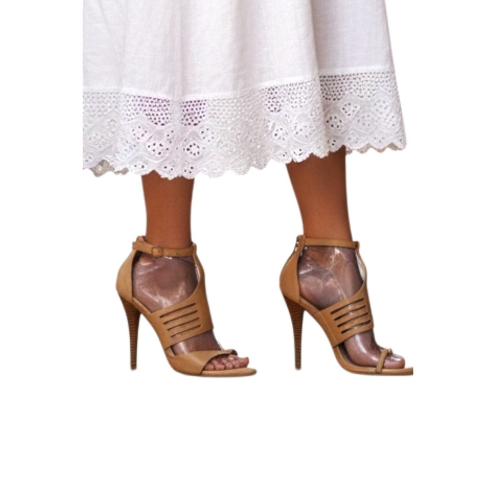 Auri Women's Tan Leather Strappy Stiletto Heeled Sandals Sexy SZ 38 (US SZ 7.5-8